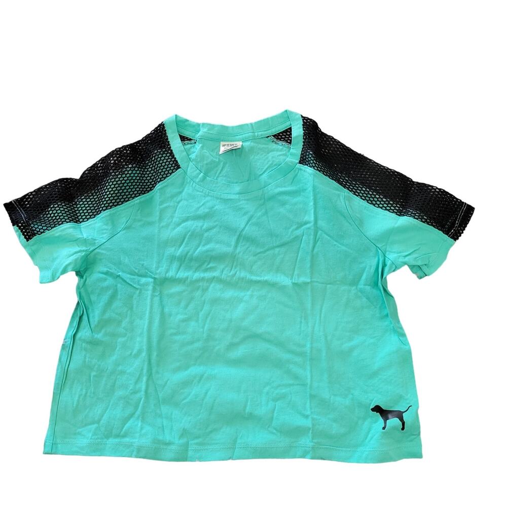 Victoria's Secret PINK Green Crop Top Mesh Shoulder Short Sleeve Size M